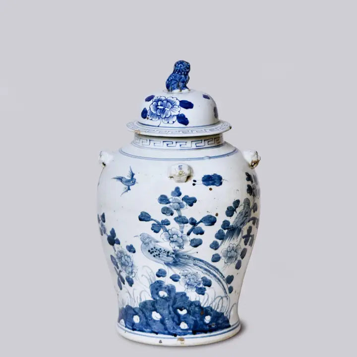Bird and Flower Blue and White Porcelain Temple Jar