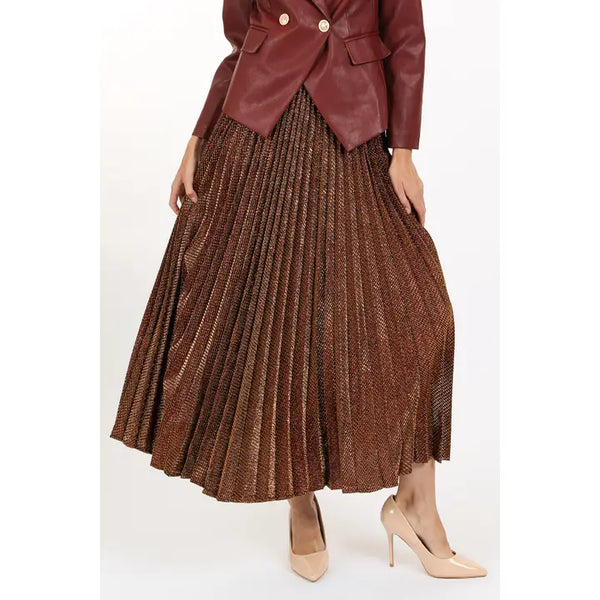 Metallic Coated Pleat High Waisted Maxi Skirt