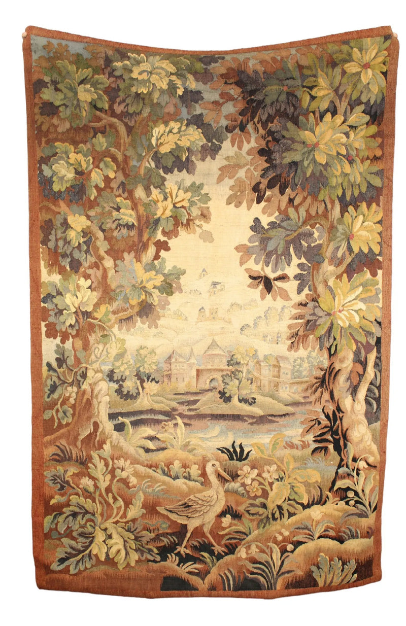 French Aubusson Verdure Tapestry with Chateau and Bird