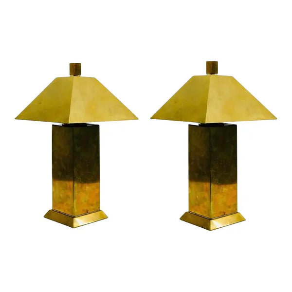 1970s Pair of Unusual Cubist Table Lamps in Brass Attributed to Koch and Lowy, American