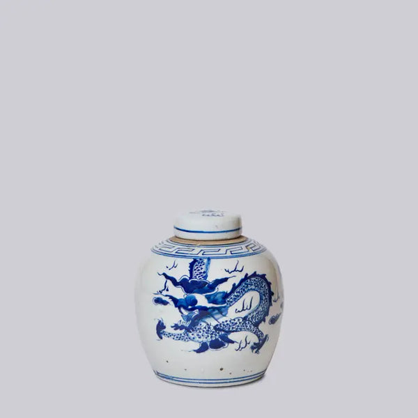 Blue and White Porcelain Dragon Lidded Round Storage Jar