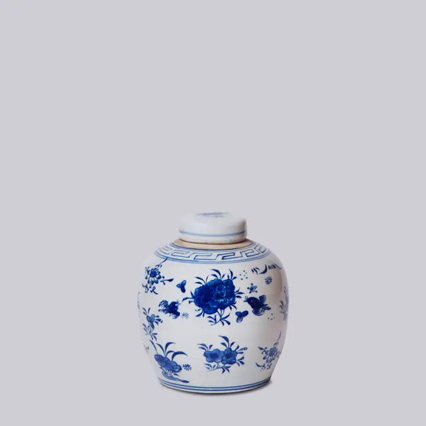 Blue and White Porcelain Floral Lidded Round Storage Jar