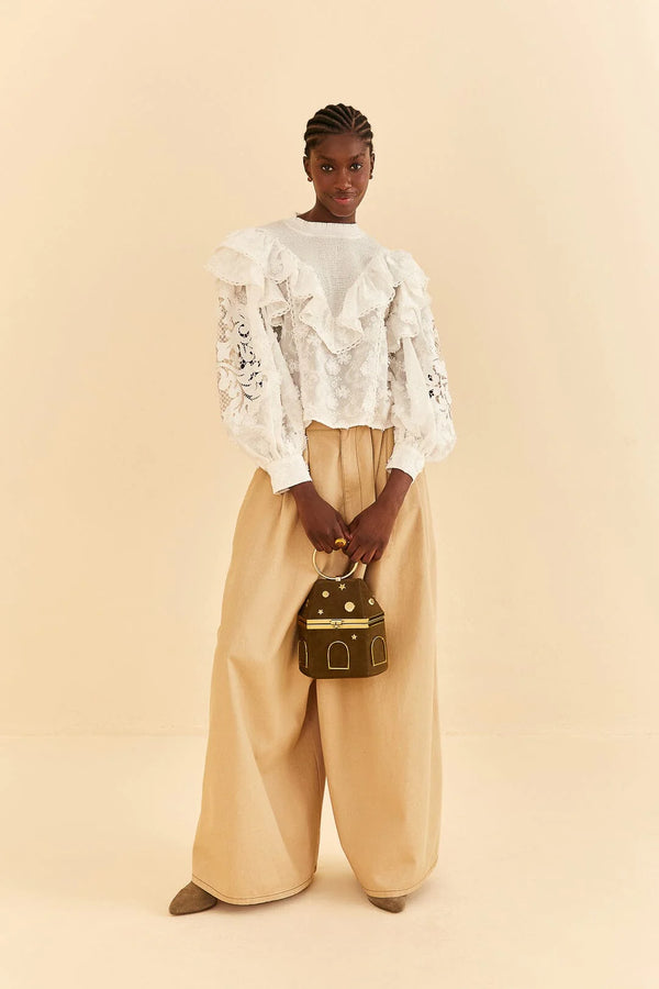 FARM RIO OFF-WHITE SMOCKED YOKE 3D FLOWER