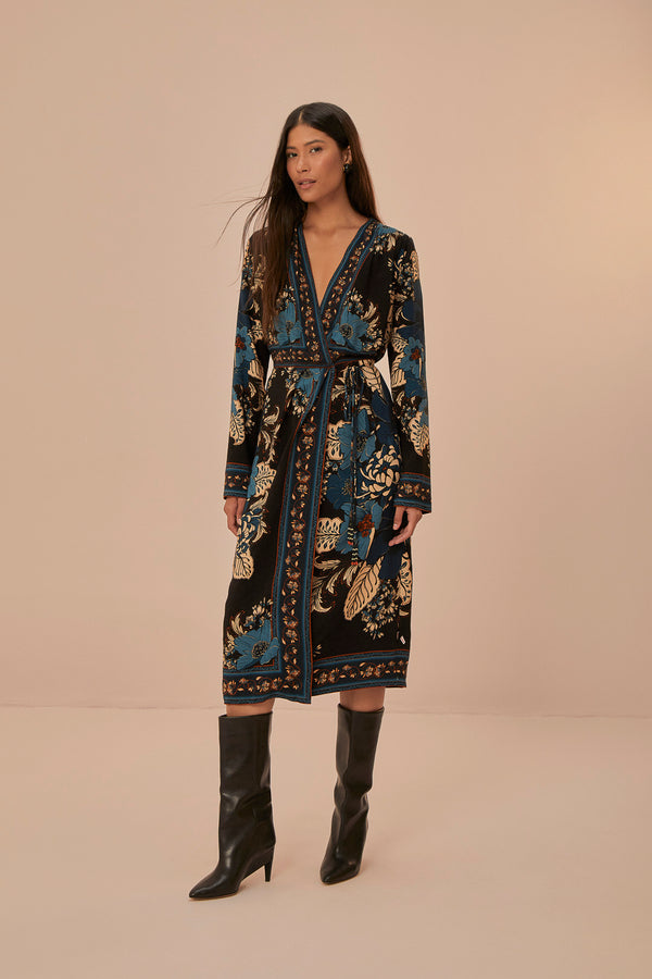 BLOSSOM TAPESTRY BLACK MIDI WRAP DRESS