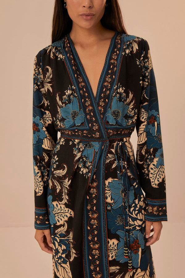 BLOSSOM TAPESTRY BLACK MIDI WRAP DRESS