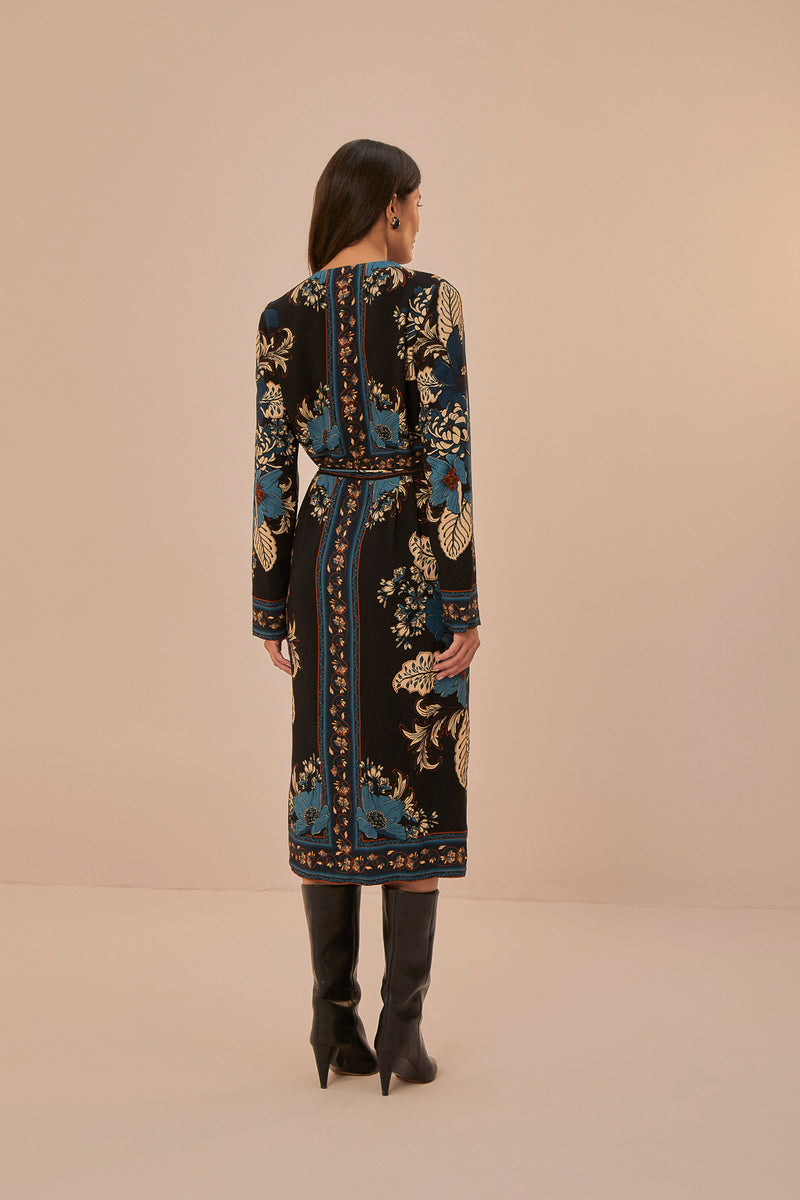 BLOSSOM TAPESTRY BLACK MIDI WRAP DRESS