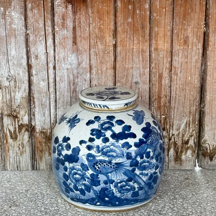 Blue & White Porcelain Bird & Flower Medium Round Storage Jar