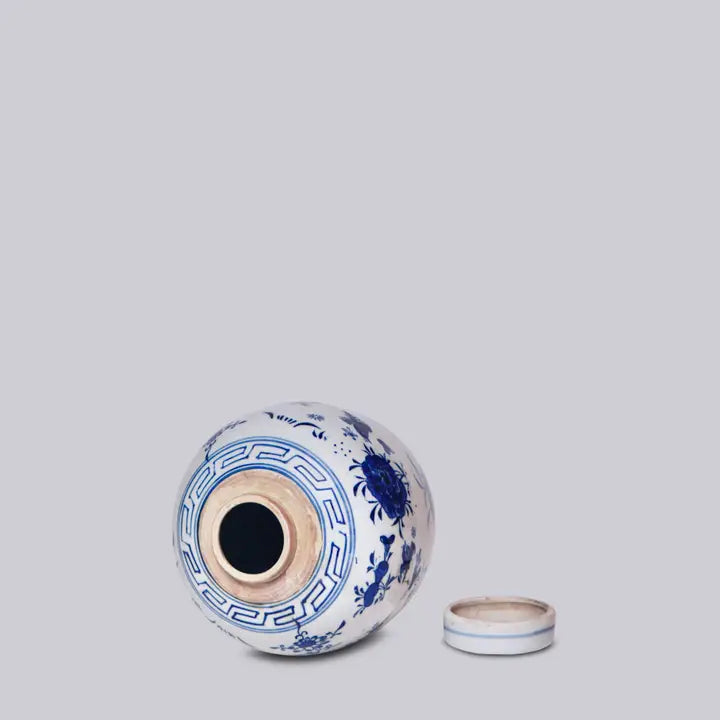 Blue and White Porcelain Floral Lidded Round Storage Jar