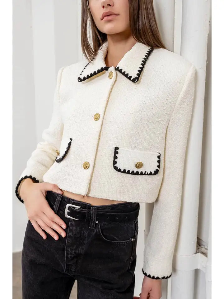 Crontrast Trim Button Down Cropped Blazer