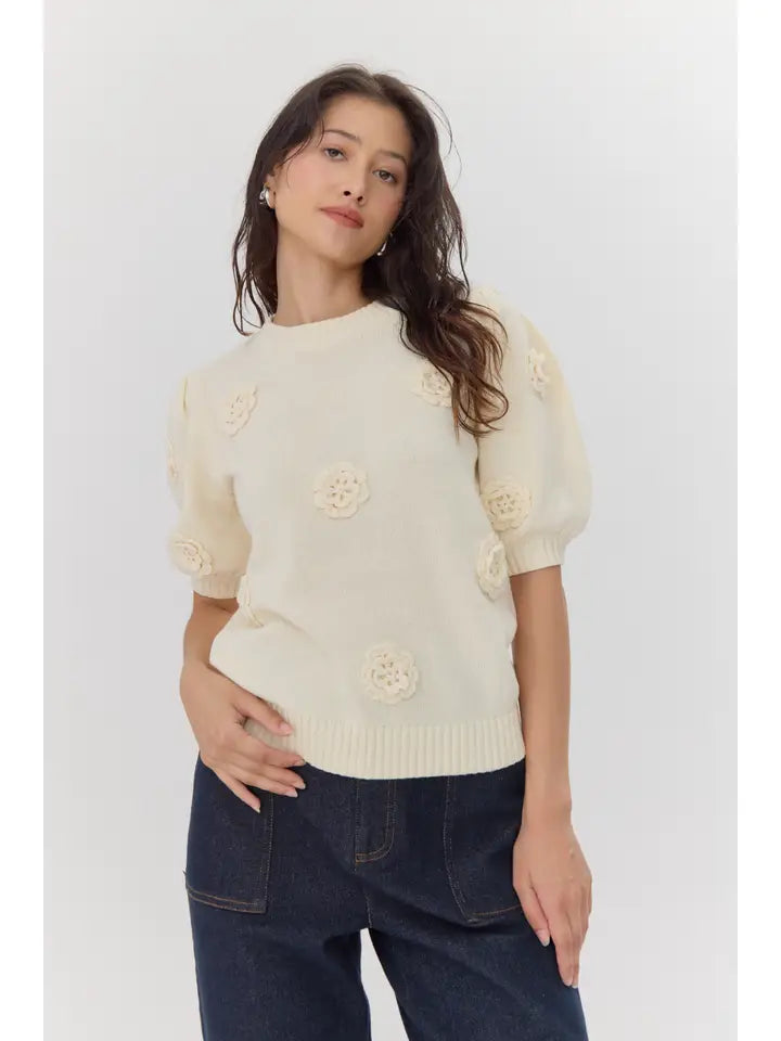 Bria Rosette Puff Sleeve Sweater