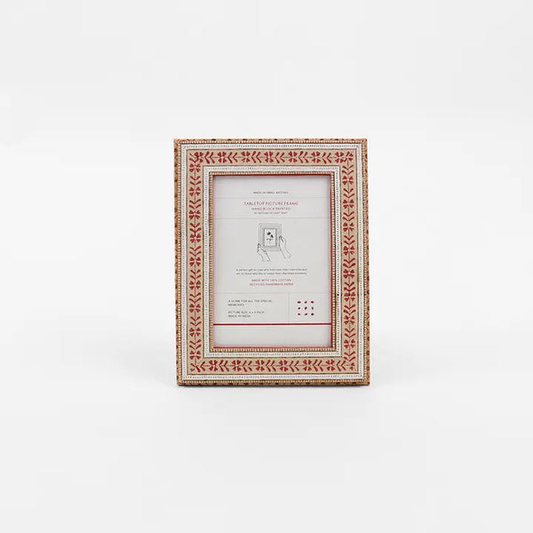 Block Printed Table Top Picture Frame Floral Stripe - Ochre
