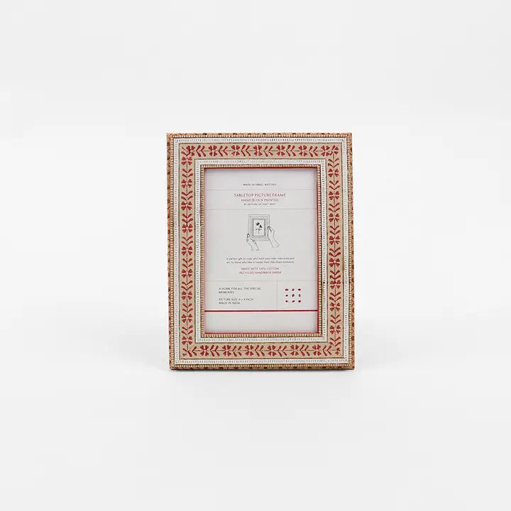 Block Printed Table Top Picture Frame Floral Stripe - Ochre