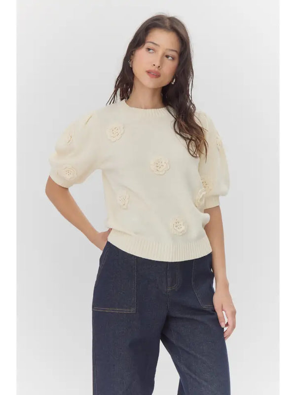 Bria Rosette Puff Sleeve Sweater