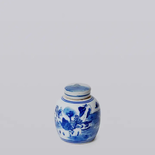 Blue and White Porcelain Mini Landscape Round Storage Jar