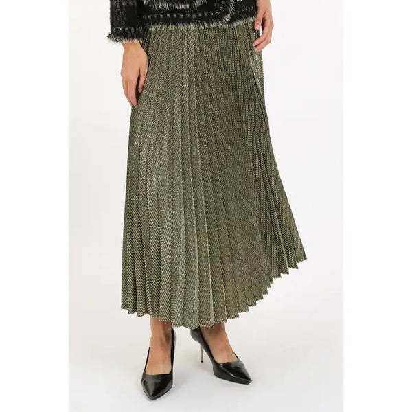 Metallic Coated Pleat High Waisted Maxi Skirt