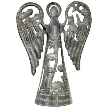 12" Tall Nativity with Angel Haitian Metal Drum Sculpture