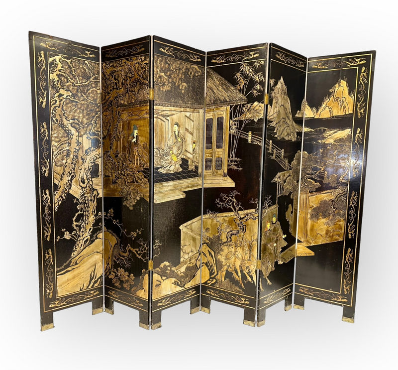 Six Panel Black and Colored Lacquer Chinese Screen