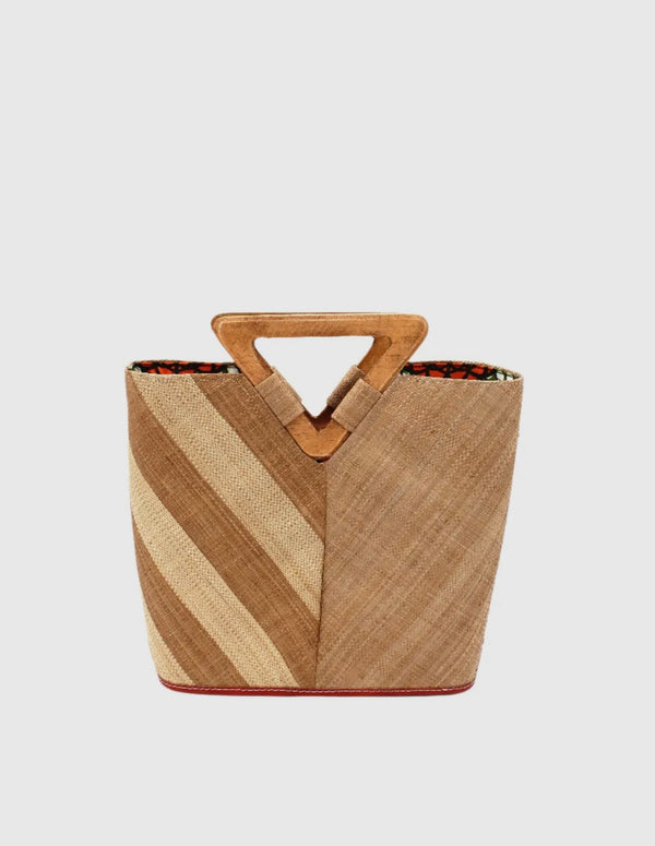 Zuki Two Tone Straw Handbag with Wood Triangle Handle