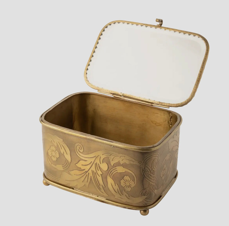 Etched Metal Footed Box with Beveled Glass Lid