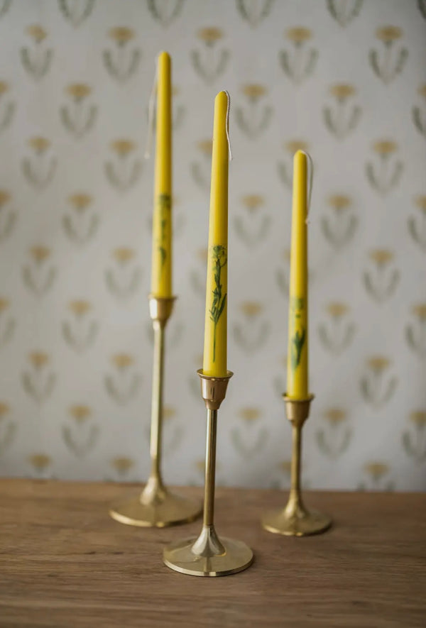 Floral Inlaid Tapered Candles in Yellow- Set of 3