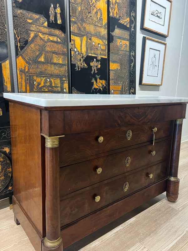 FRENCH EMPIRE STYLE MARBLE-TOP FLAME MAHOGANY COMMODE