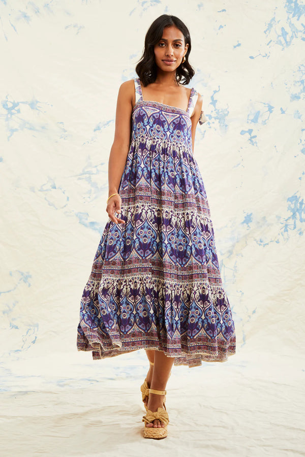 Love the Label Brinley dress in purple and blue floral print! Midi length with tie straps.