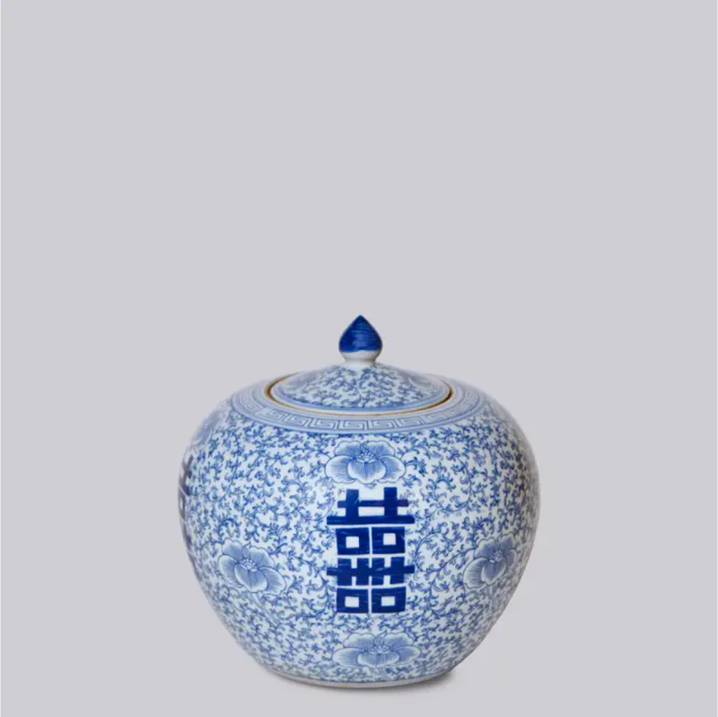Double Happiness/Scrolling Peony Squat Blue and White Jar