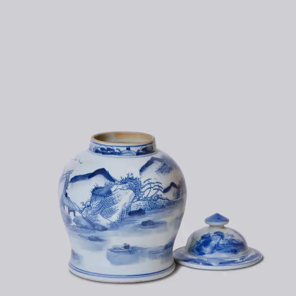 Medium Blue and White Porcelain Landscape Temple Jar