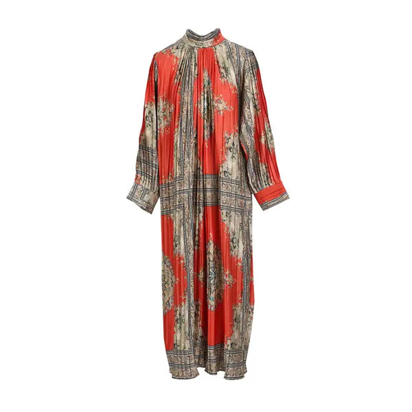 Multi Print Pleated Maxi Dress