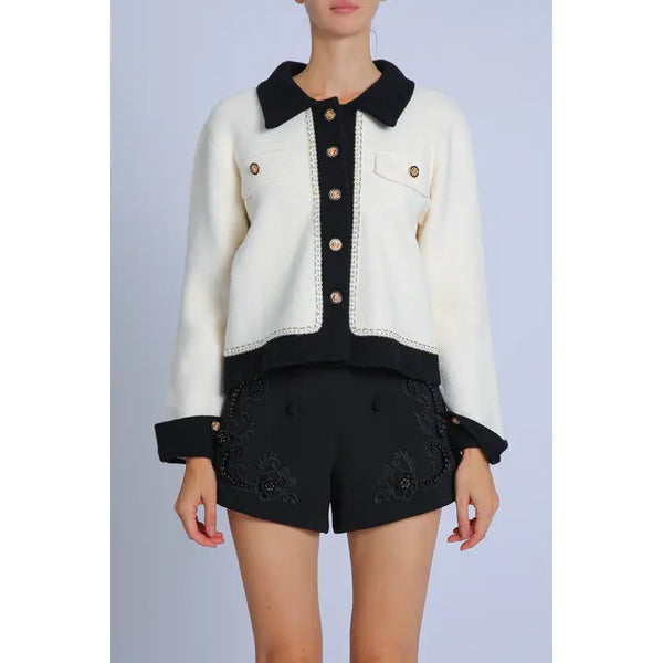 Contrast Trim Micro Braided Detail Cardigan