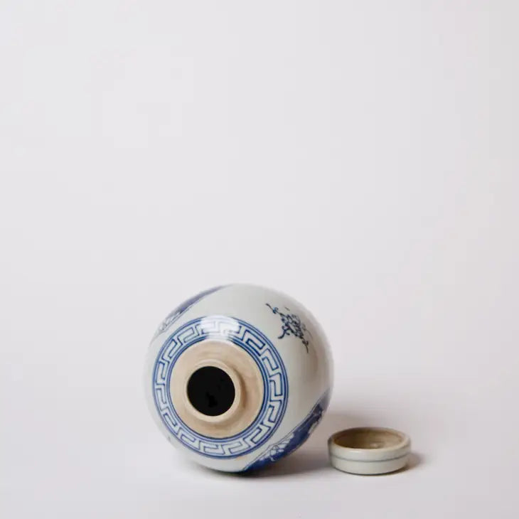 Cavorting Children Blue and White Lidded Round Storage Jar