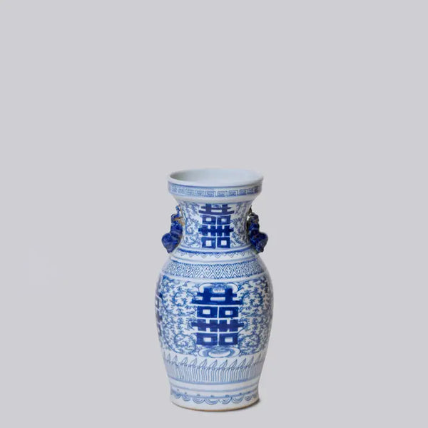 Double Happiness Blue & White Small Lug Vase