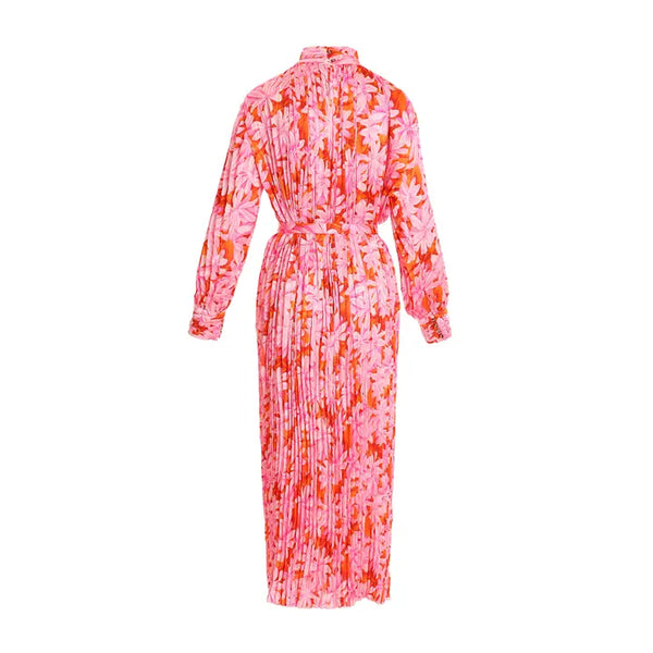 Tropical Floral Print Pleated Sheer Maxi Dress