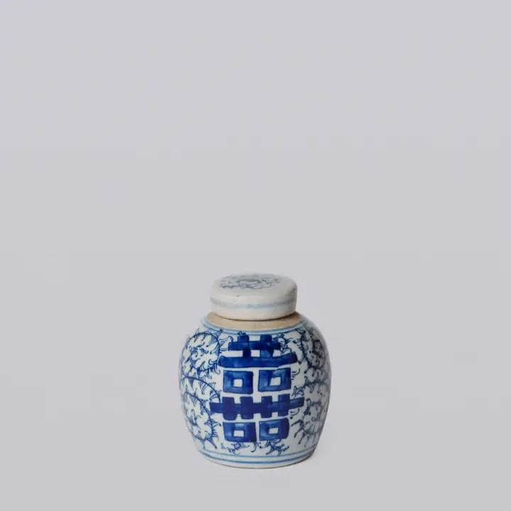 Blue and White Porcelain Mini Double Happiness Round Jar