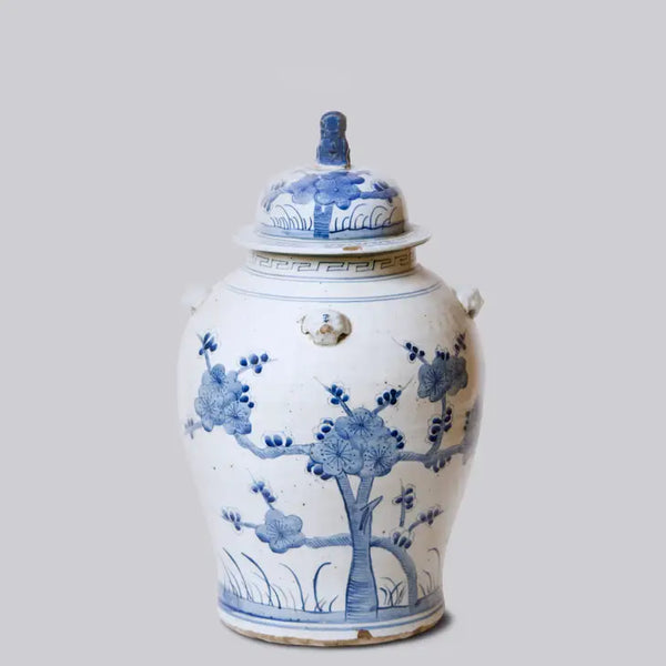 Cherry Blossom Blue and White Porcelain Temple Jar