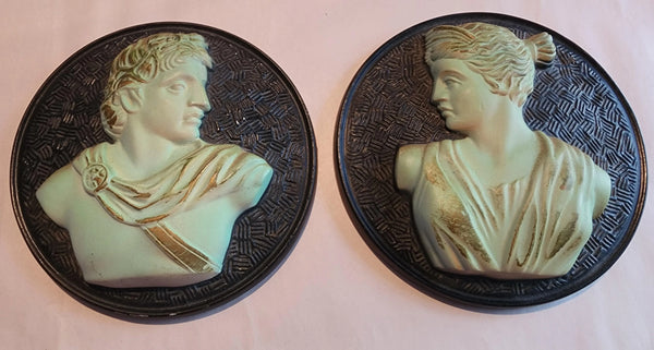 Vintage Greek Neoclassical Man and Woman Plaster Plaques