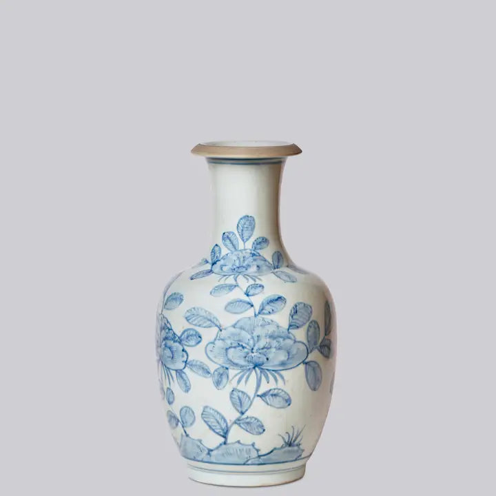 Peony and Daisy Blue and White Porcelain Mallet Vase