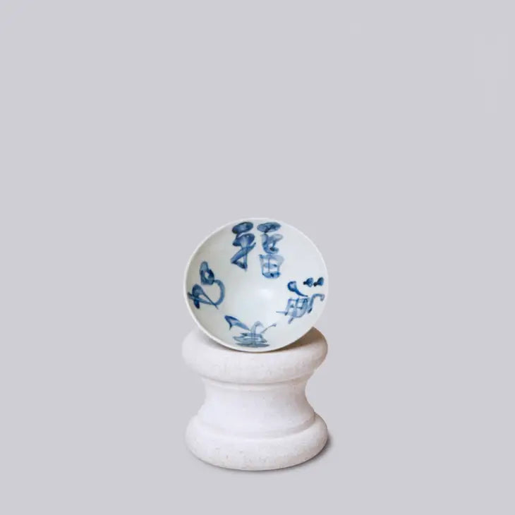 Tiny Blue and White Porcelain Auspicious Phrase Conical Bowl