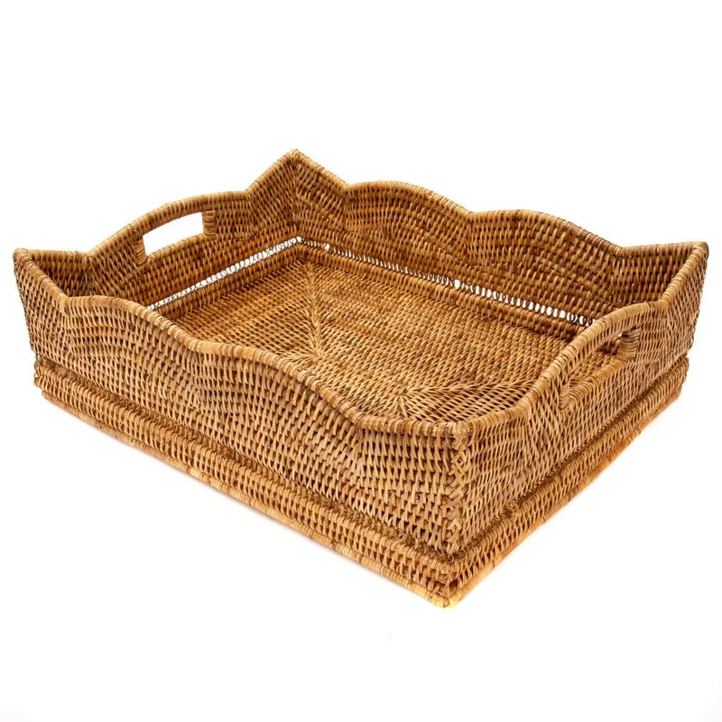 Scalloped Rectangle Basket w Handles - Honey Brown
