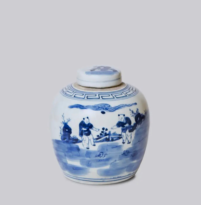 Blue and White Porcelain Playing Children Round Storage Jar