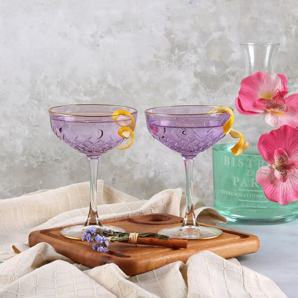 Art Deco Martini Glasses - Purple, Gold-rimmed s/2