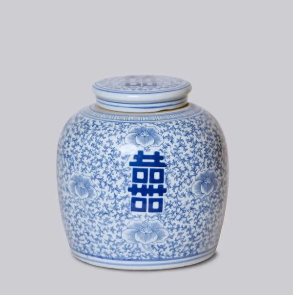 Double Happiness/Scrolling Peony Blue & White Porcelain Jar