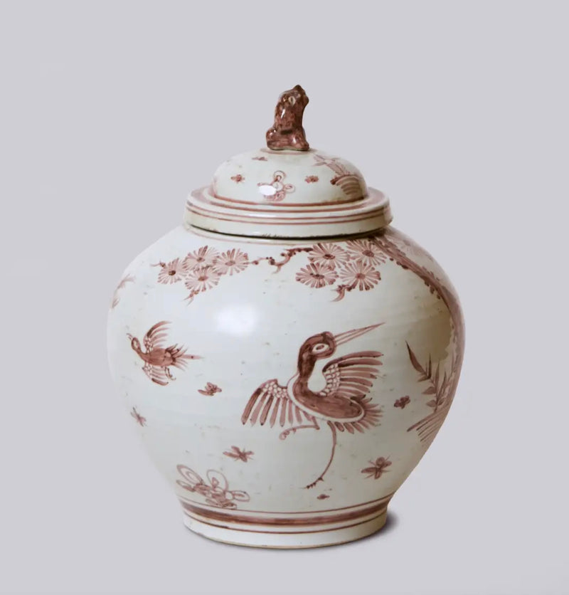 Rustic Porcelain Crane Temple Jar Chateau en Mae